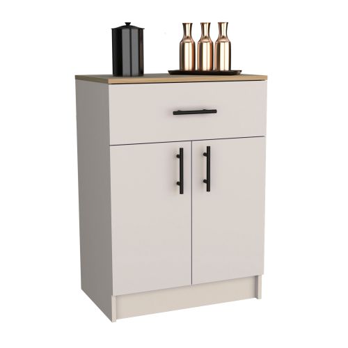 Pantry Organizer Cabinet 33" H, 1 Drawer, 2 Interior Shelves, 2 Doors, Ivory / Natural Oak